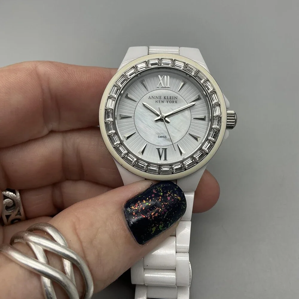 Anne Klein 7633S/2 Womens Watch 35mm Silver Tone White Ceramic New Battery 7